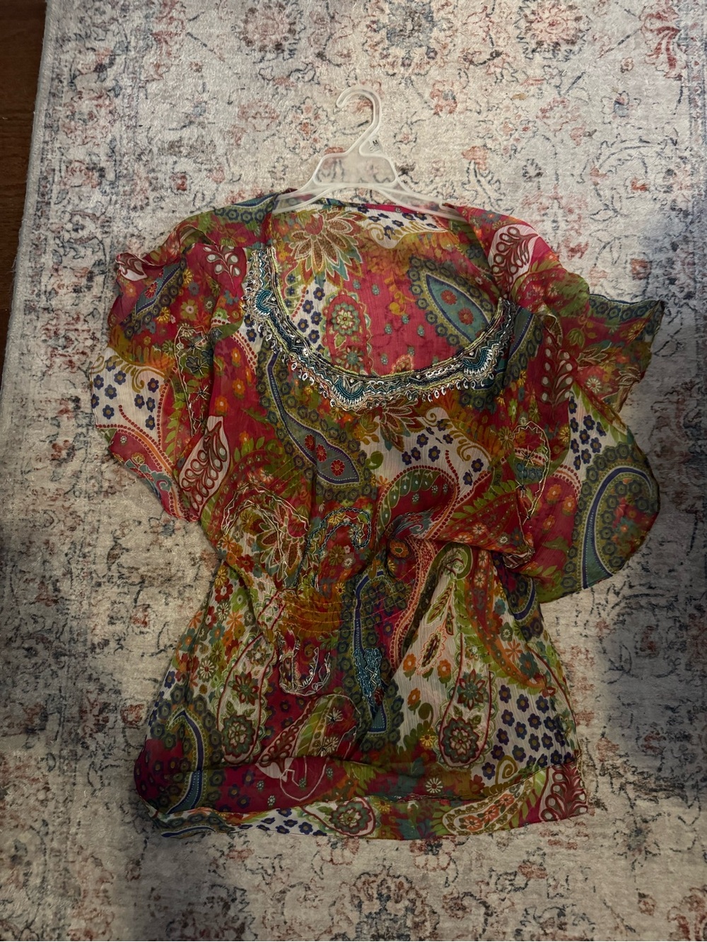 Paisley Print Flutter-Sleeve Beaded Blouse in Multicolor